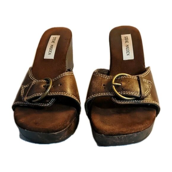 Steve Madden Drill Wood Wedge Leather Open Slip-On Sandals Platform Buckle 7B - Picture 6 of 12